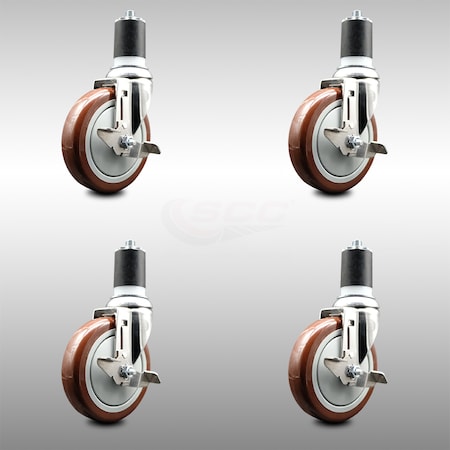 Service Caster 5 Inch 316SS Maroon Poly Swivel 1-3/4 Inch Expanding Stem Caster Set Brake SCC SCC-SS316EX20S514-PPUB-MRN-TLB-134-4
